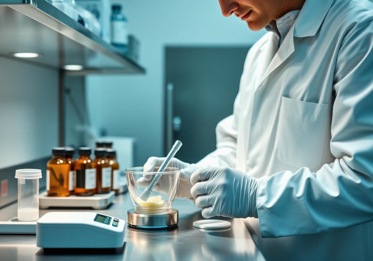HRx Pharmacy pharmacist compounding a medication with precision equipment