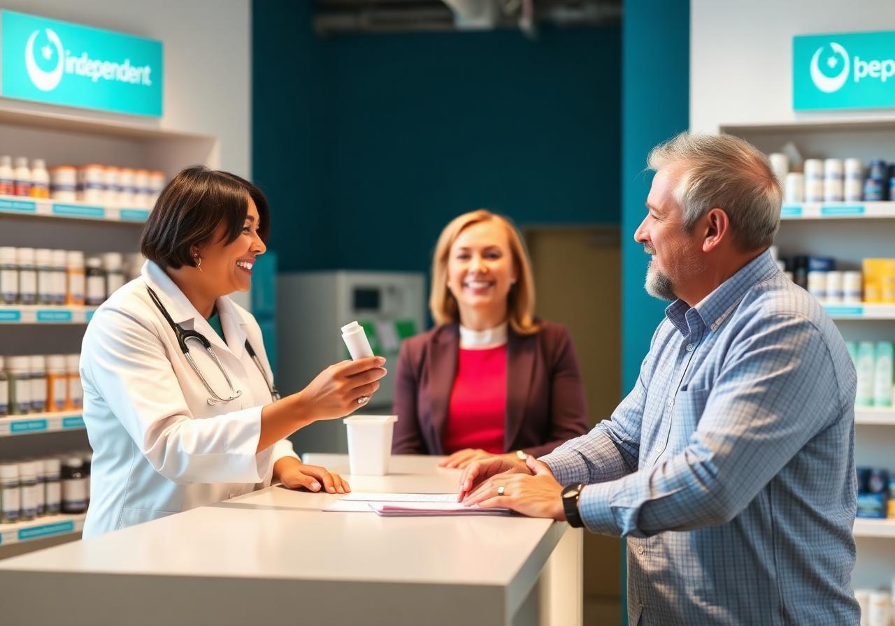 HRx Pharmacy pharmacist consulting with a patient at the counter