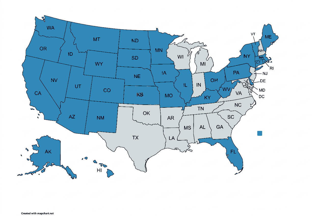 Map of the United States highlighting the states HRx Pharmacy serves